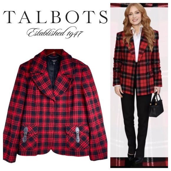 Talbots 12 Large Blazer Jacket Coat Tartan Plaid Wool Red Black Career - Picture 1 of 5